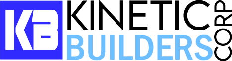 Kinetic Builders Corp. logo featuring "KB" in blue and black, emphasizing commercial construction expertise and leadership.