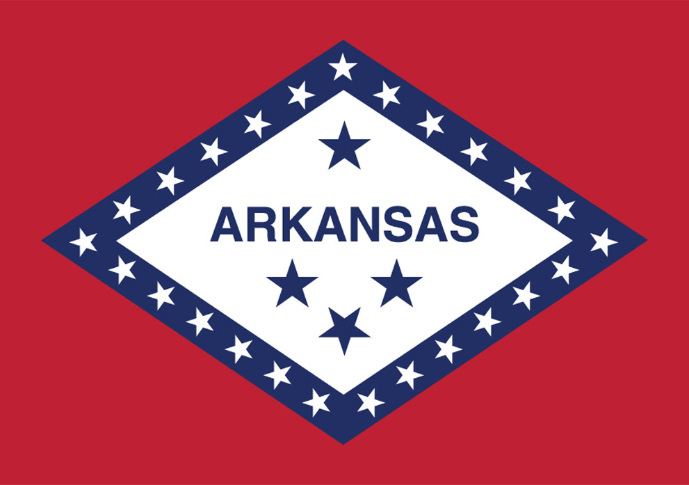 Arkansas state flag featuring a diamond shape with the word "ARKANSAS" and surrounding stars on a red background, representing the state’s identity and regional focus for Kinetic Builders Corp's construction services.