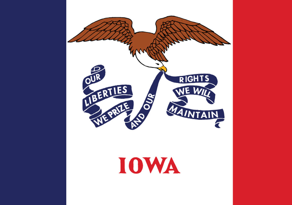 Iowa state flag featuring an eagle with ribbons displaying the phrases "Our Liberties We Prize" and "Our Rights We Will Maintain," emphasizing Kinetic Builders Corp's service in Iowa and its commitment to compliance and quality in construction.