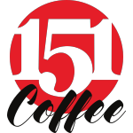Logo of 151 Coffee, featuring bold red circle with "151" in black and "Coffee" in elegant script, representing a coffee brand associated with Kinetic Builders Corp's commitment to quality and service.