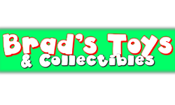 Brad's Toys & Collectibles logo featuring bold, playful text on a vibrant green background, emphasizing the brand's focus on toys and collectibles.
