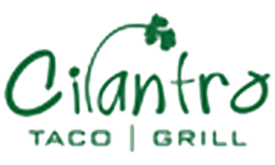 Cilantro Taco Grill logo featuring green text and a decorative cilantro sprig, representing a culinary brand focused on fresh Mexican cuisine, relevant to the dining options for construction project teams.