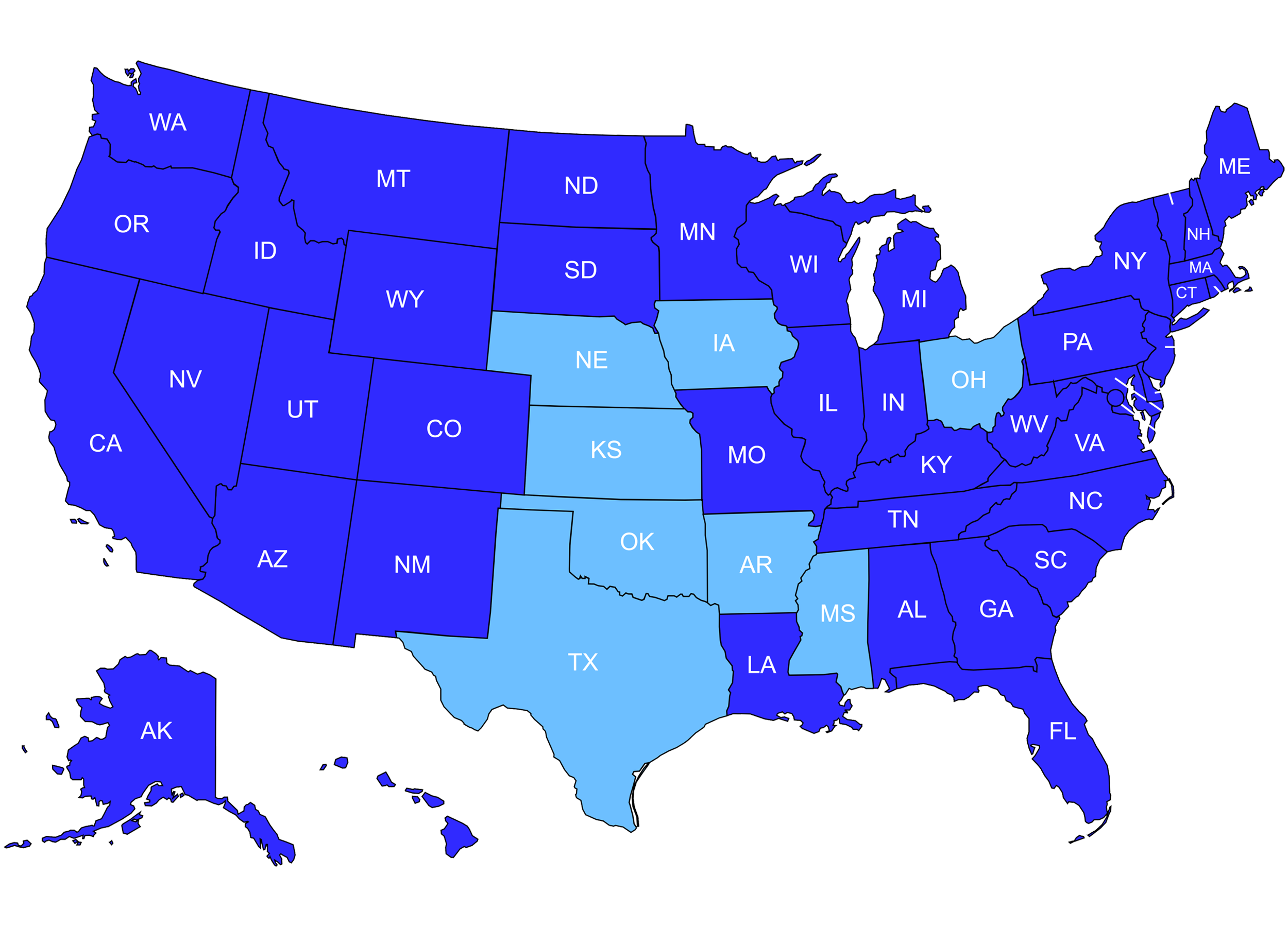 Map highlighting eight states served by Kinetic Builders Corp: Arkansas, Iowa, Kansas, Ohio, Oklahoma, Missouri, Nebraska, and Texas, emphasizing regional expansion in commercial construction.