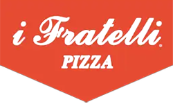 i Fratelli Pizza logo featuring bold white script on a red background, representing a brand associated with quality dining and community engagement in the context of Kinetic Builders Corp's commercial construction services.