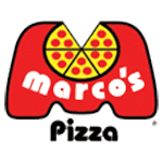 Marco's Pizza logo featuring a red background, pizza slice graphic, and playful font, representing the brand's focus on quality pizza offerings.