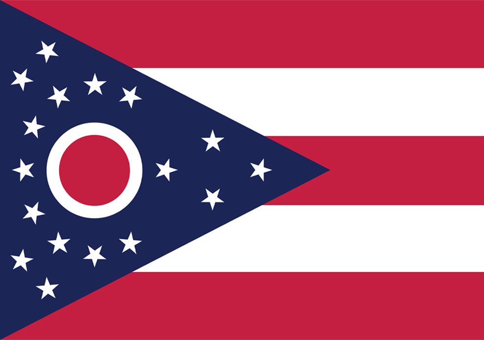 Ohio state flag featuring a blue triangular field with a red circle and 13 white stars, surrounded by red and white horizontal stripes, symbolizing Kinetic Builders Corp's service area.