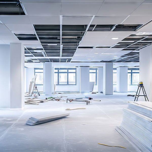 Commercial construction site interior with unfinished ceiling, construction tools, and materials, representing Kinetic Builders Corp.'s commitment to quality in building projects.