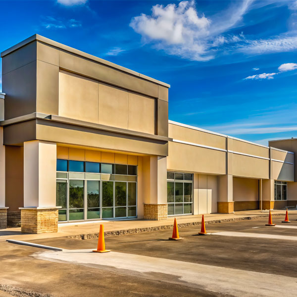 Commercial building exterior with large glass windows and modern architecture, showcasing Kinetic Builders Corp.'s commitment to quality construction in a clear blue sky setting.