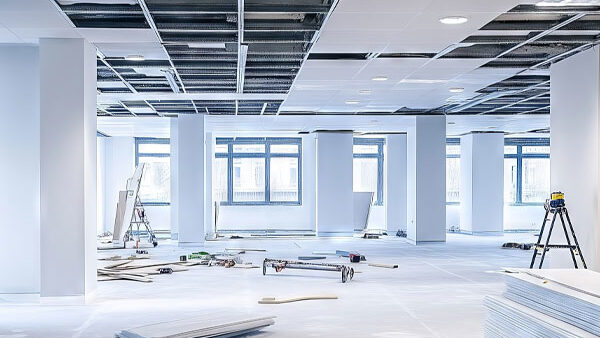 Construction site interior with unfinished drywall, tools, and equipment, highlighting the build-out phase for restaurant tenant improvements by Kinetic Builders.
