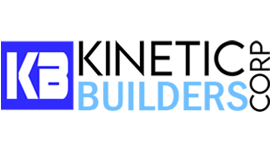 Kinetic Builders logo featuring bold blue and black text, symbolizing innovative construction solutions for restaurant build-outs.